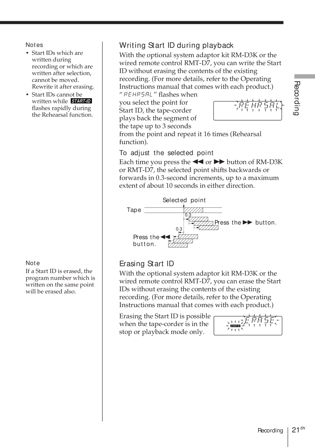 Sony TCD-D8 operating instructions Writing Start ID during playback, Erasing Start ID, 21EN, To adjust the selected point 