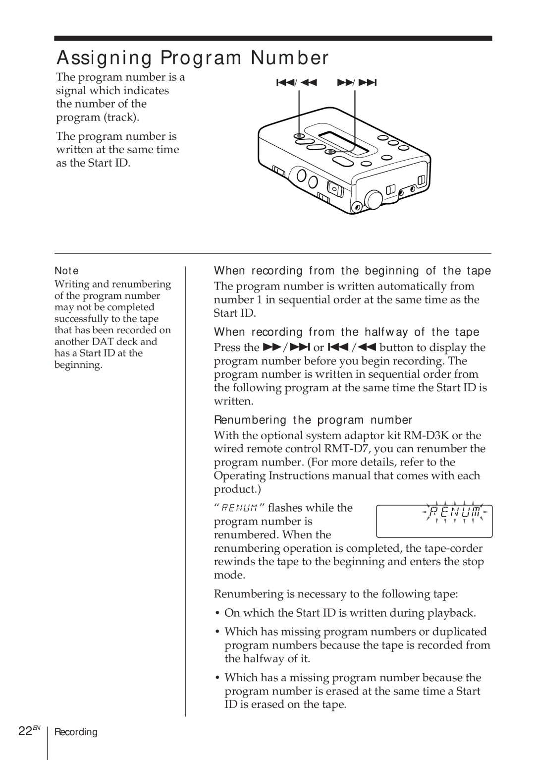 Sony TCD-D8 Assigning Program Number, 22EN, When recording from the beginning of the tape, Renumbering the program number 