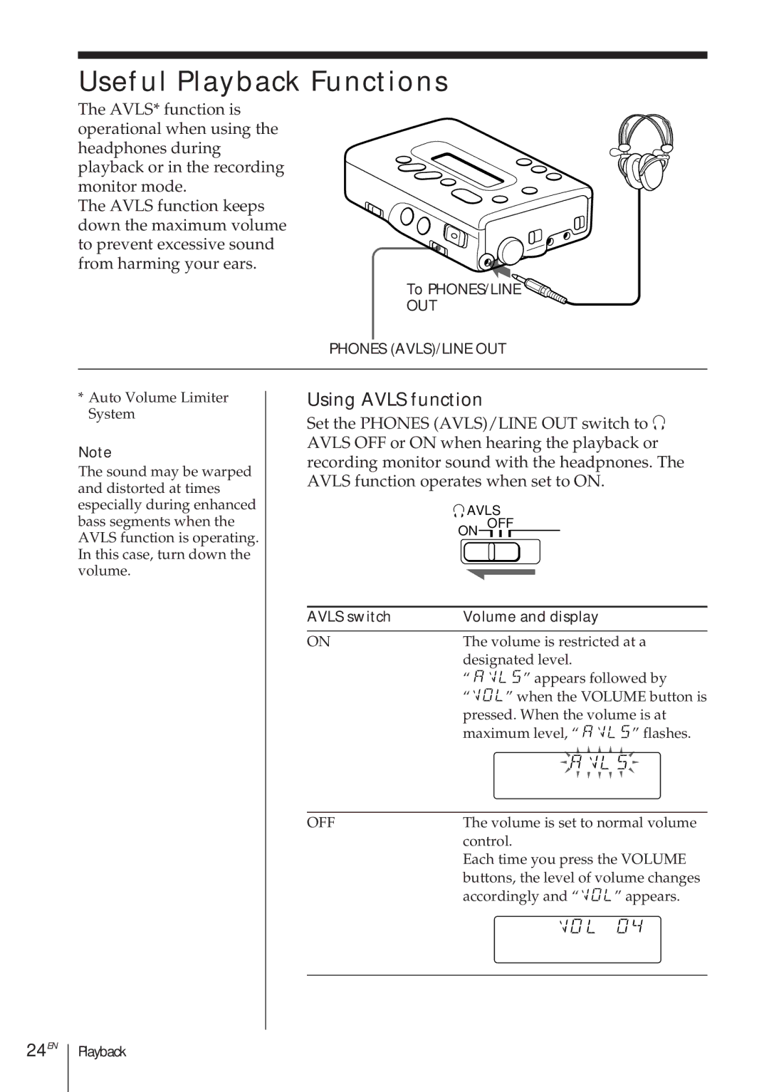 Sony TCD-D8 Useful Playback Functions, Using Avls function, 24EN, To PHONES/LINE, Avls switch Volume and display 