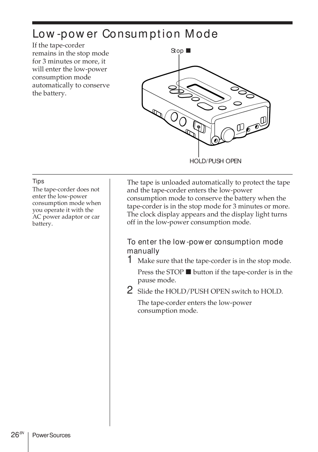 Sony TCD-D8 operating instructions Low-power Consumption Mode, To enter the low-power consumption mode manually, 26EN 