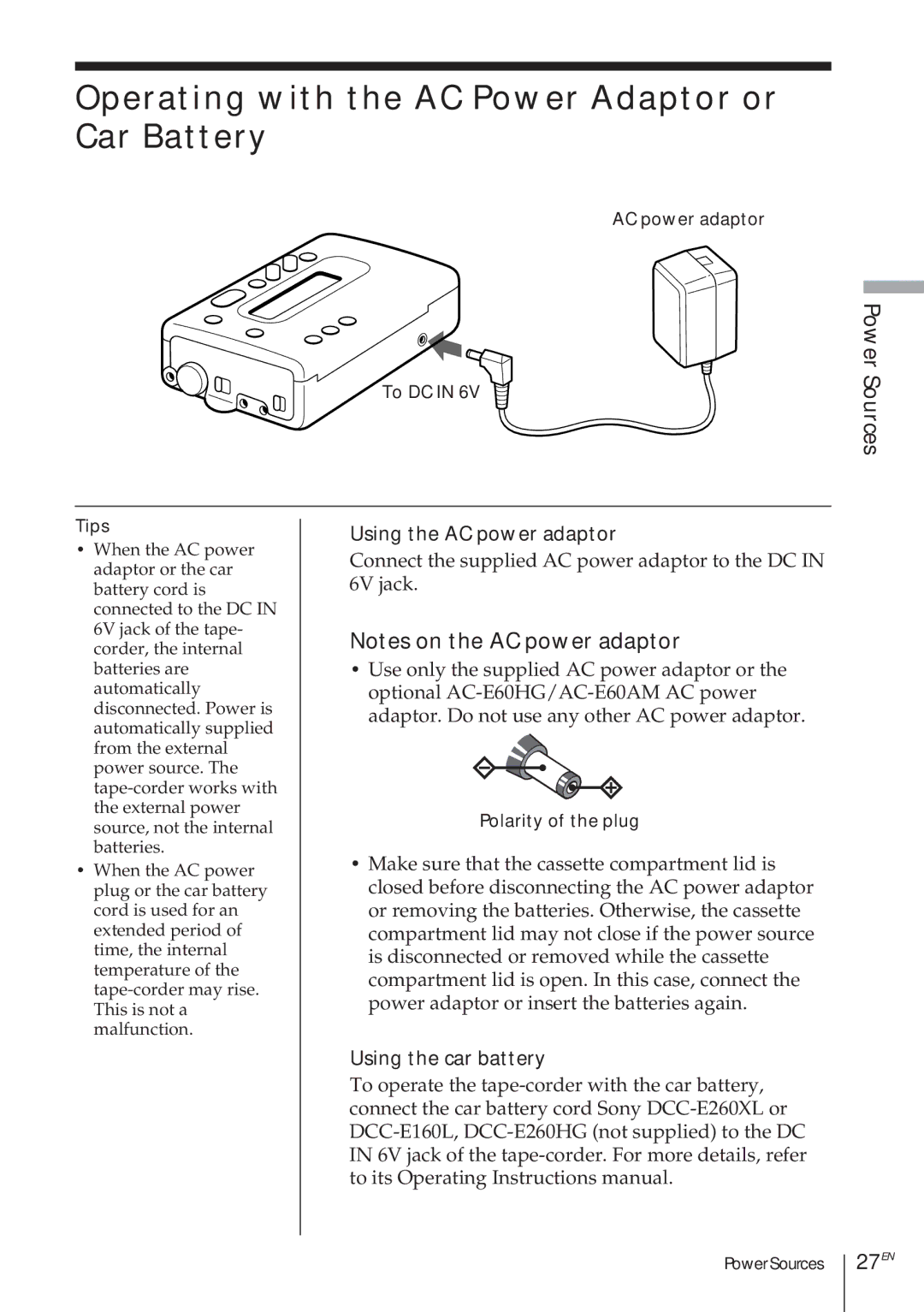 Sony TCD-D8 Operating with the AC Power Adaptor or Car Battery, 27EN, Using the AC power adaptor, Using the car battery 