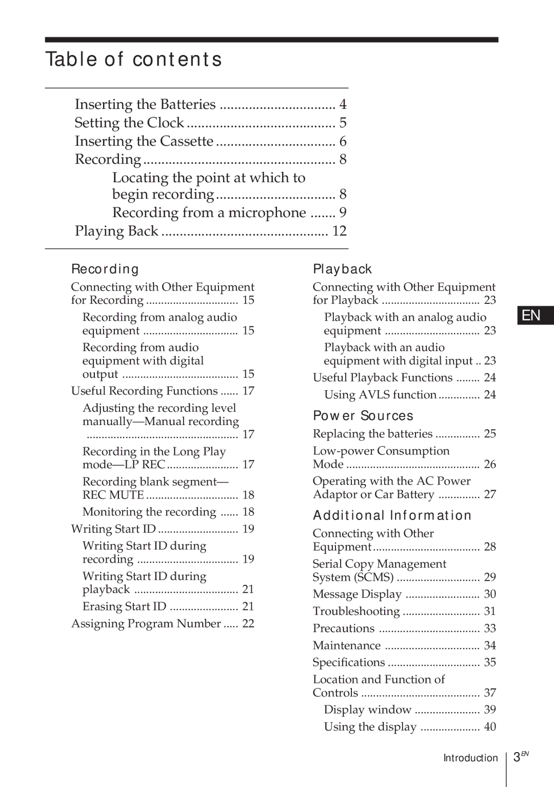 Sony TCD-D8 operating instructions Table of contents 