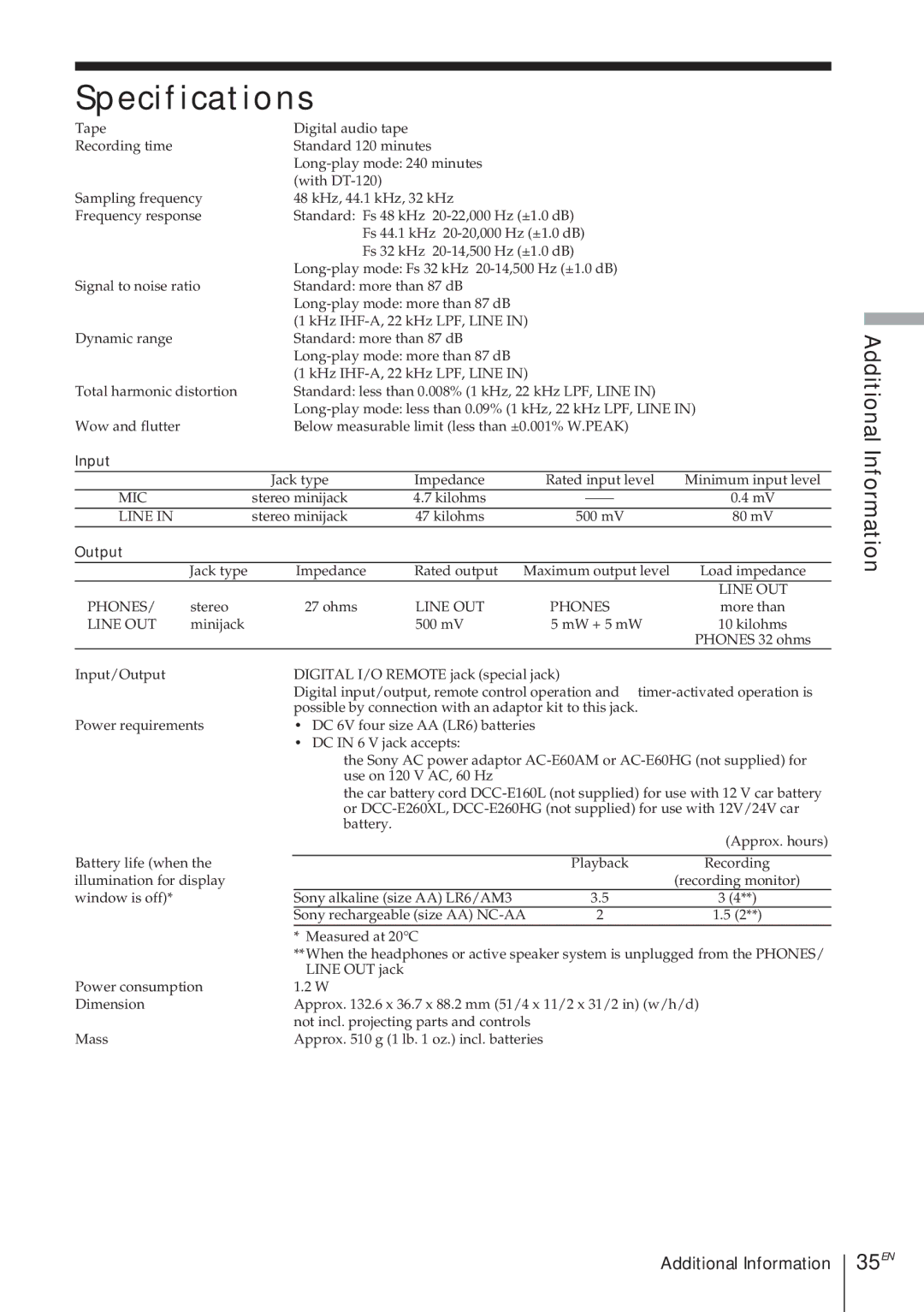 Sony TCD-D8 operating instructions Specifications, 35EN 