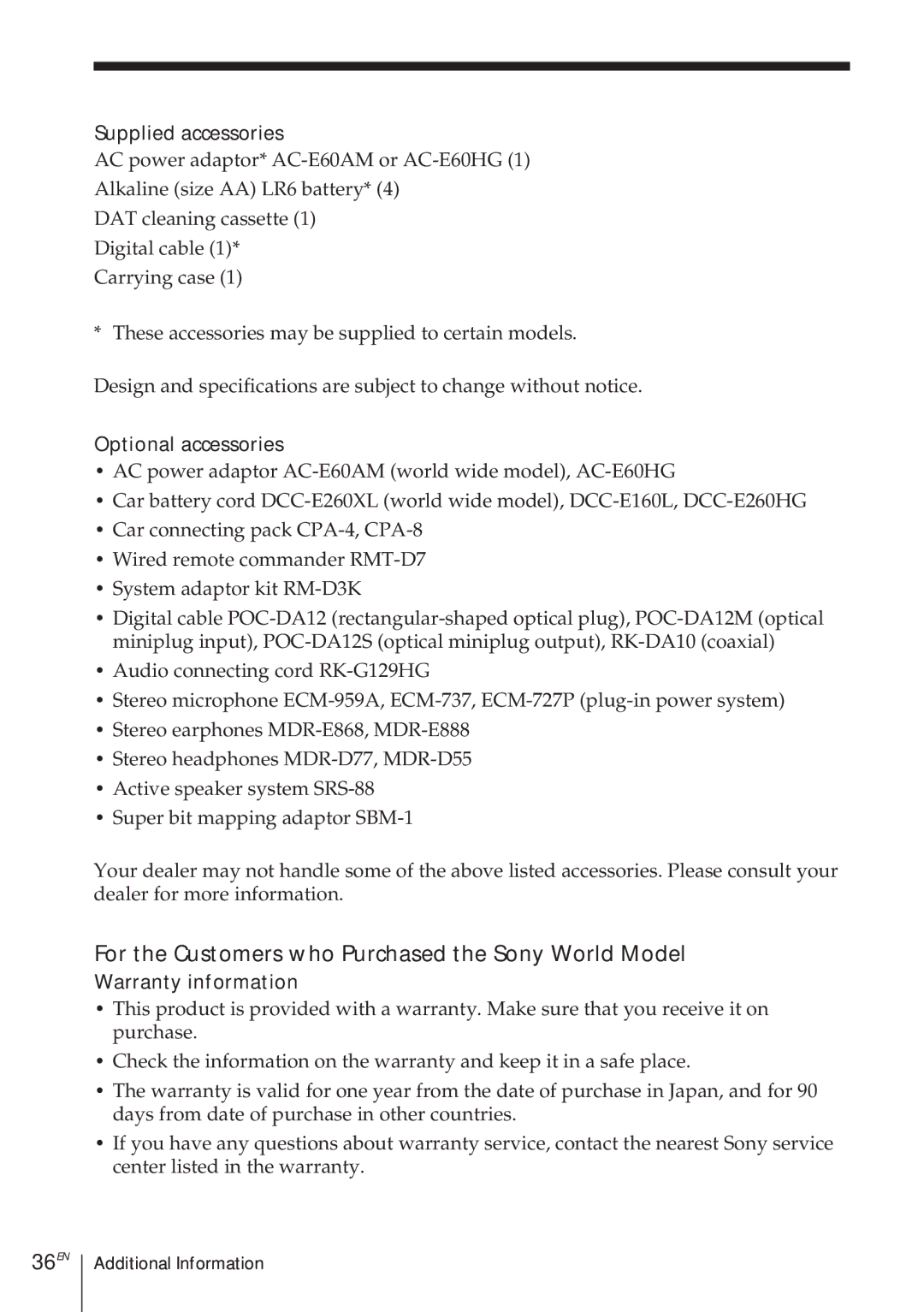 Sony TCD-D8 For the Customers who Purchased the Sony World Model, 36EN, Supplied accessories, Optional accessories 