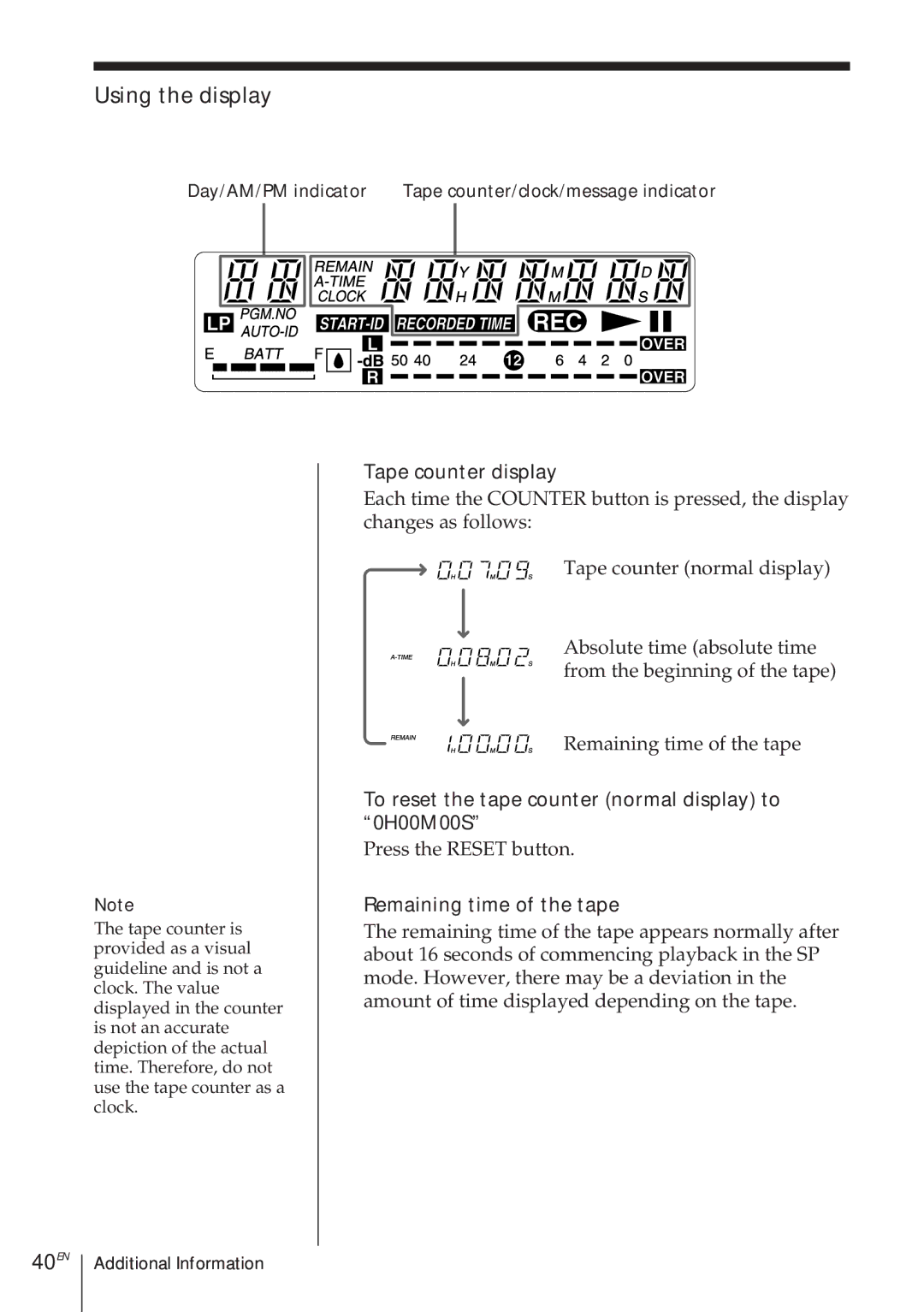 Sony TCD-D8 Using the display, 40EN, Tape counter display, To reset the tape counter normal display to 0H00M00S 