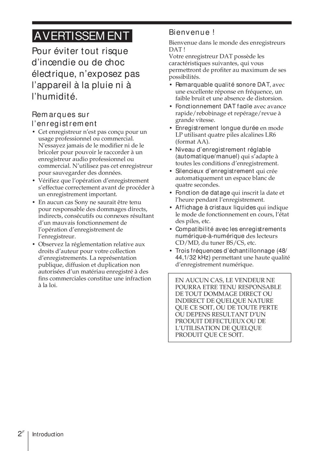 Sony TCD-D8 operating instructions Remarques sur l’enregistrement, Bienvenue 