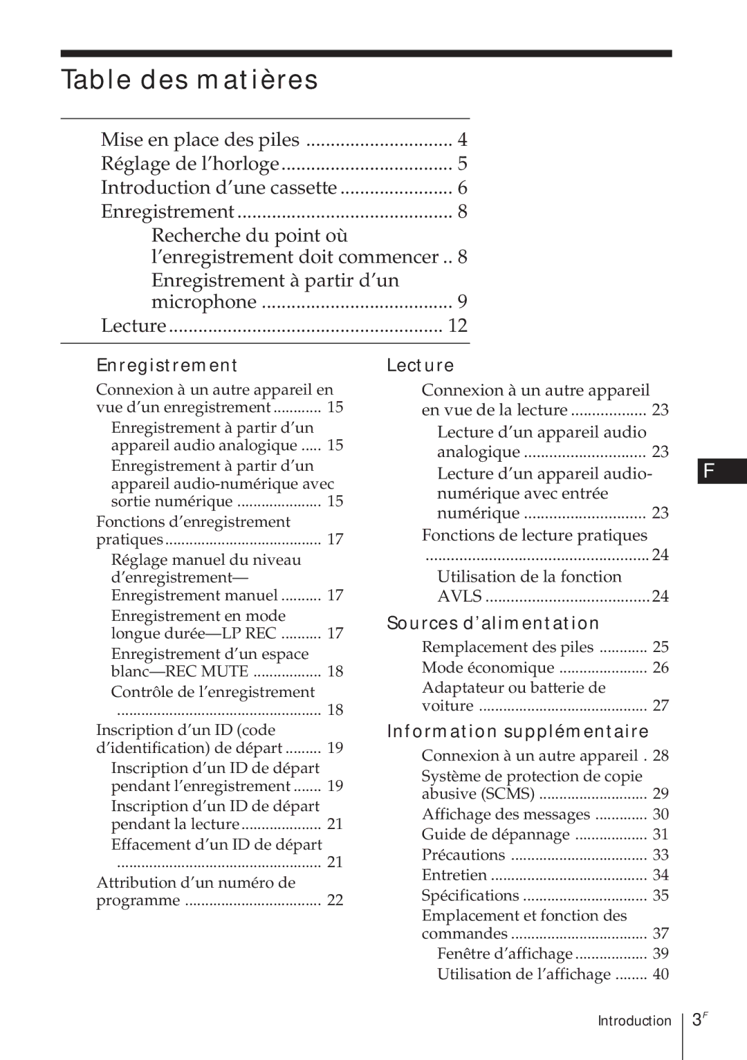 Sony TCD-D8 Table des matières, Enregistrement, Lecture, Sources d’alimentation, Information supplémentaire 