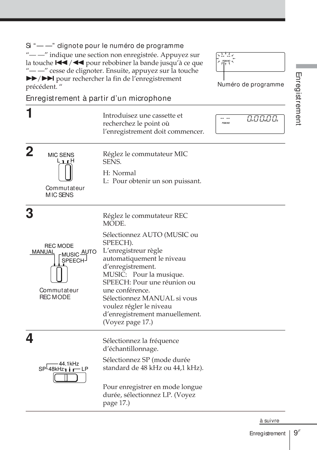 Sony TCD-D8 Enregistrement à partir d’un microphone, Si - clignote pour le numéro de programme, Commutateur 