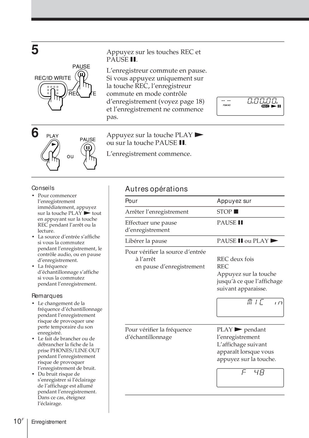 Sony TCD-D8 operating instructions Autres opérations, 10F, Conseils, Pour Appuyez sur 