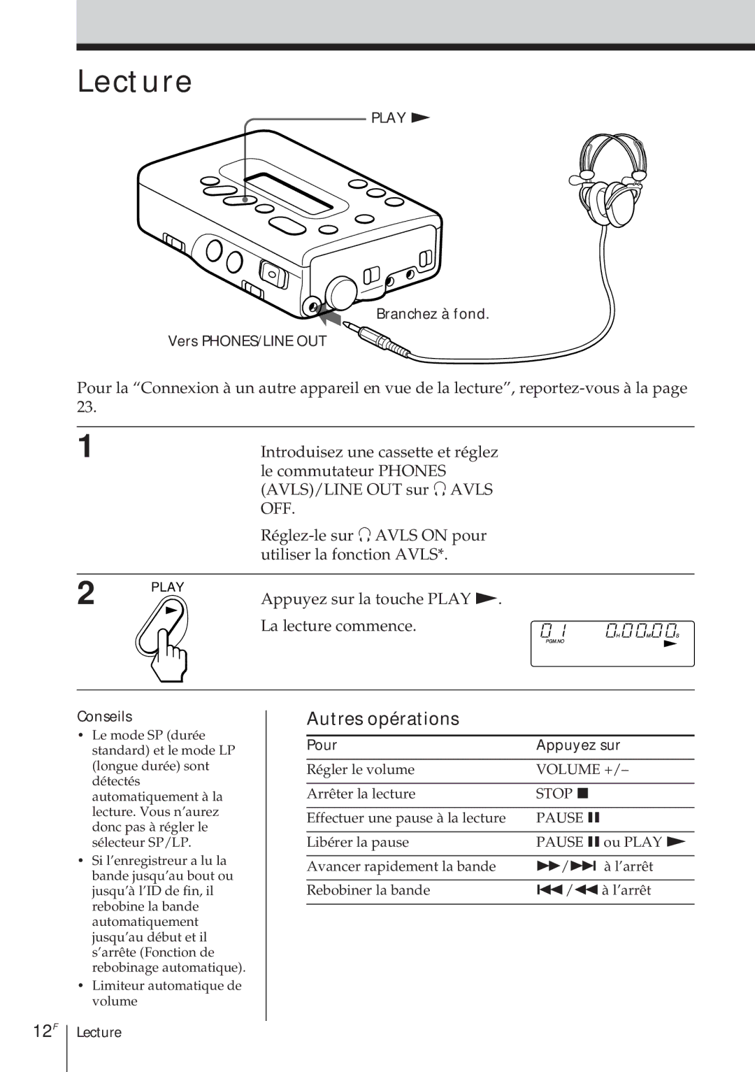 Sony TCD-D8 operating instructions Lecture, 12F, Branchez à fond Vers PHONES/LINE OUT 