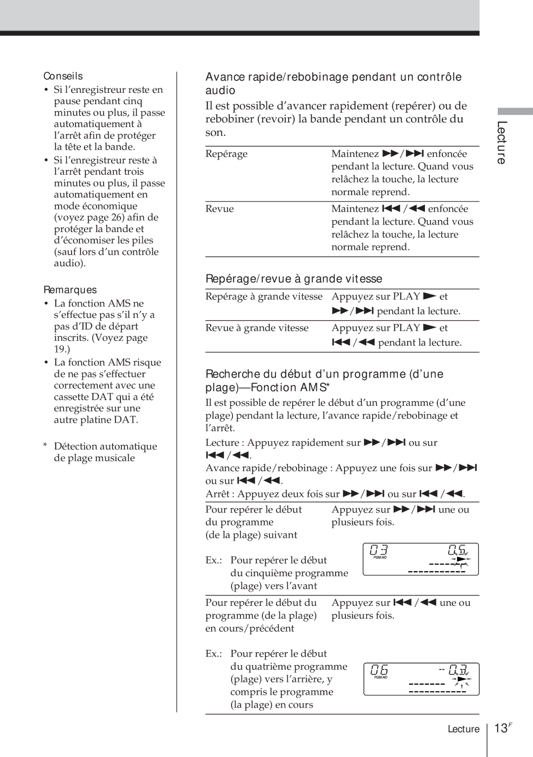 Sony TCD-D8 operating instructions Avance rapide/rebobinage pendant un contrôle audio, Repérage/revue à grande vitesse 