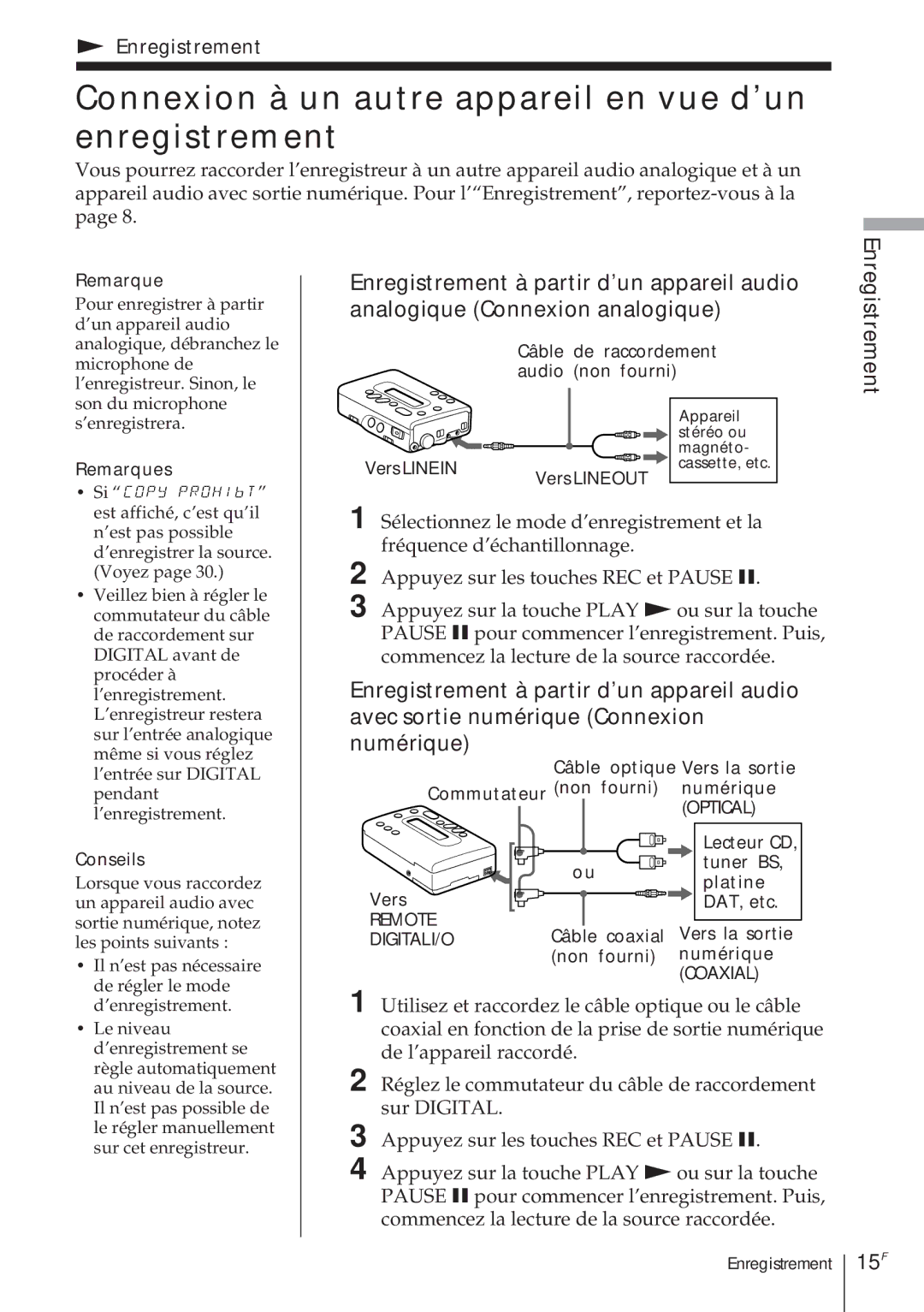 Sony TCD-D8 operating instructions Connexion à un autre appareil en vue d’un enregistrement, 15F, Enregistrement 