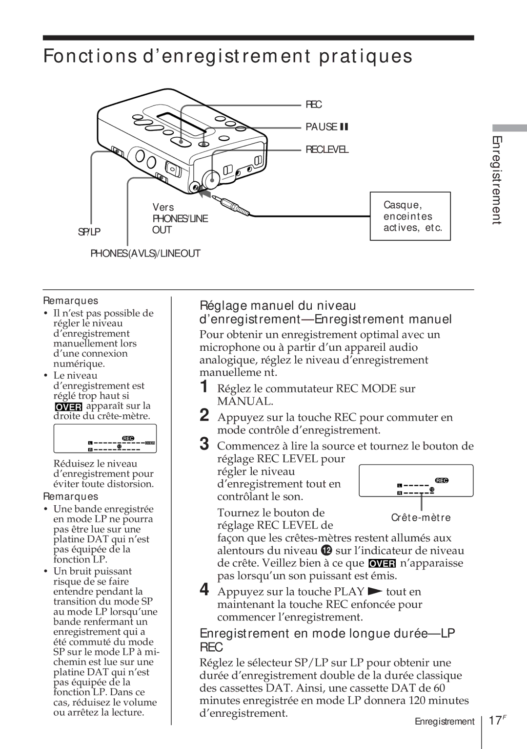 Sony TCD-D8 operating instructions Fonctions d’enregistrement pratiques, Enregistrement en mode longue durée-LP, Vers 