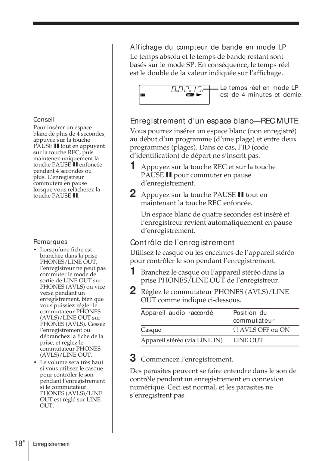 Sony TCD-D8 operating instructions Enregistrement d’un espace blanc-REC Mute, Contrôle de l’enregistrement, 18F 