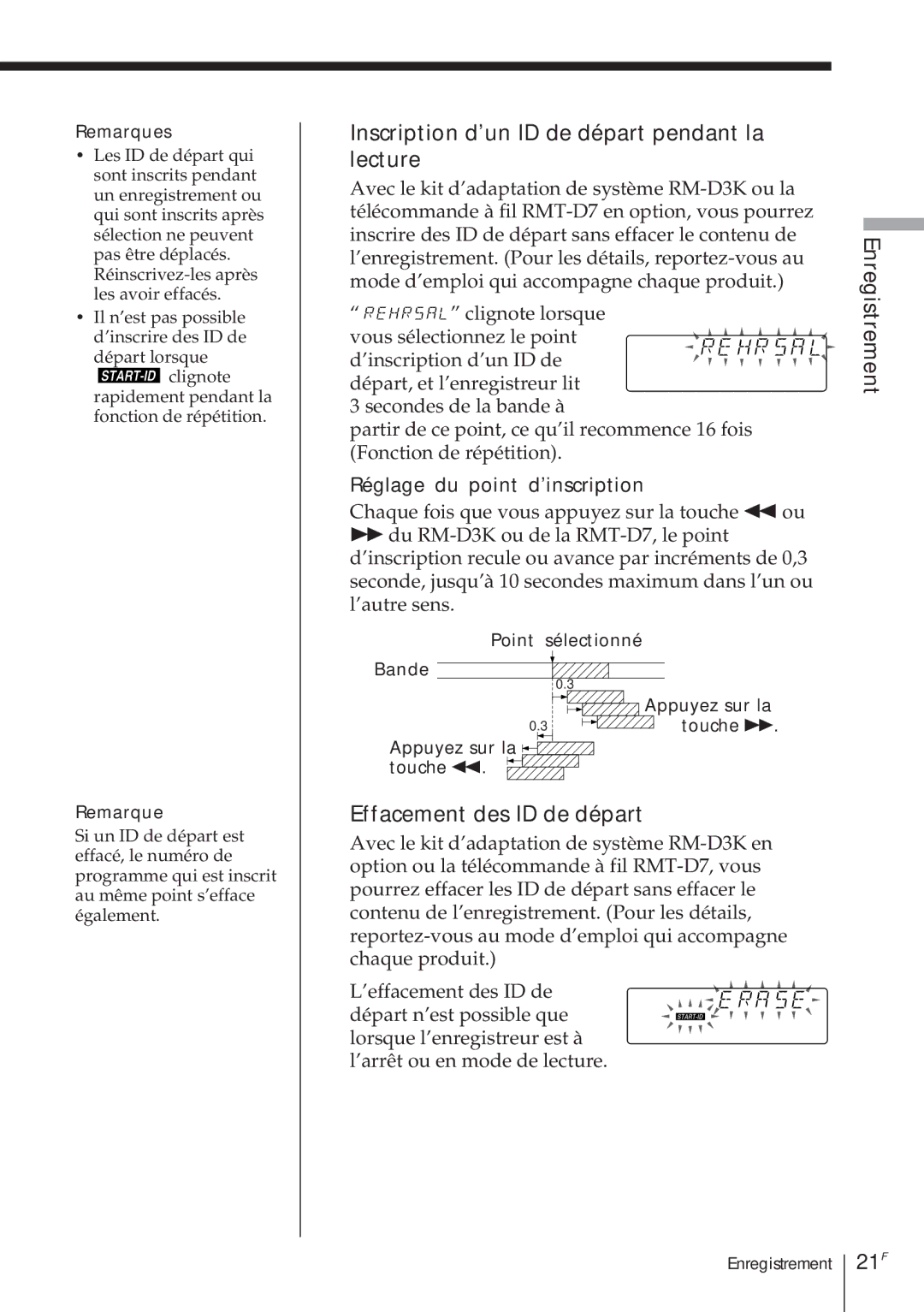 Sony TCD-D8 operating instructions Inscription d’un ID de départ pendant la lecture, Effacement des ID de départ, 21F 