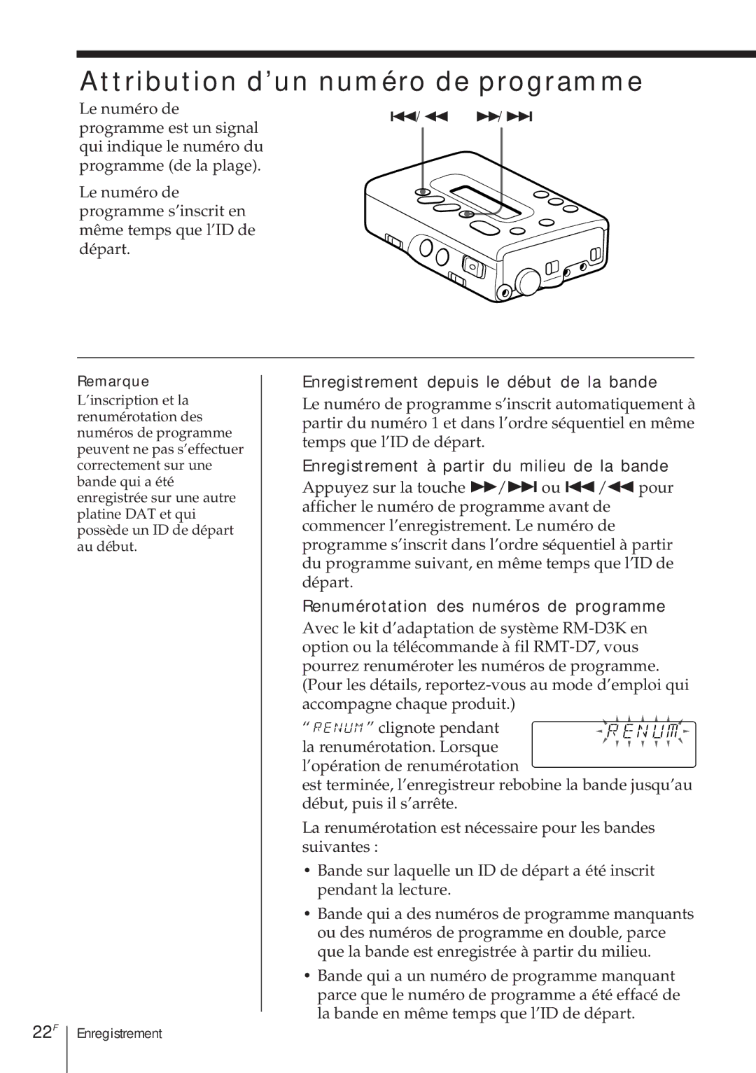 Sony TCD-D8 operating instructions Attribution d’un numéro de programme, 22F, Enregistrement à partir du milieu de la bande 