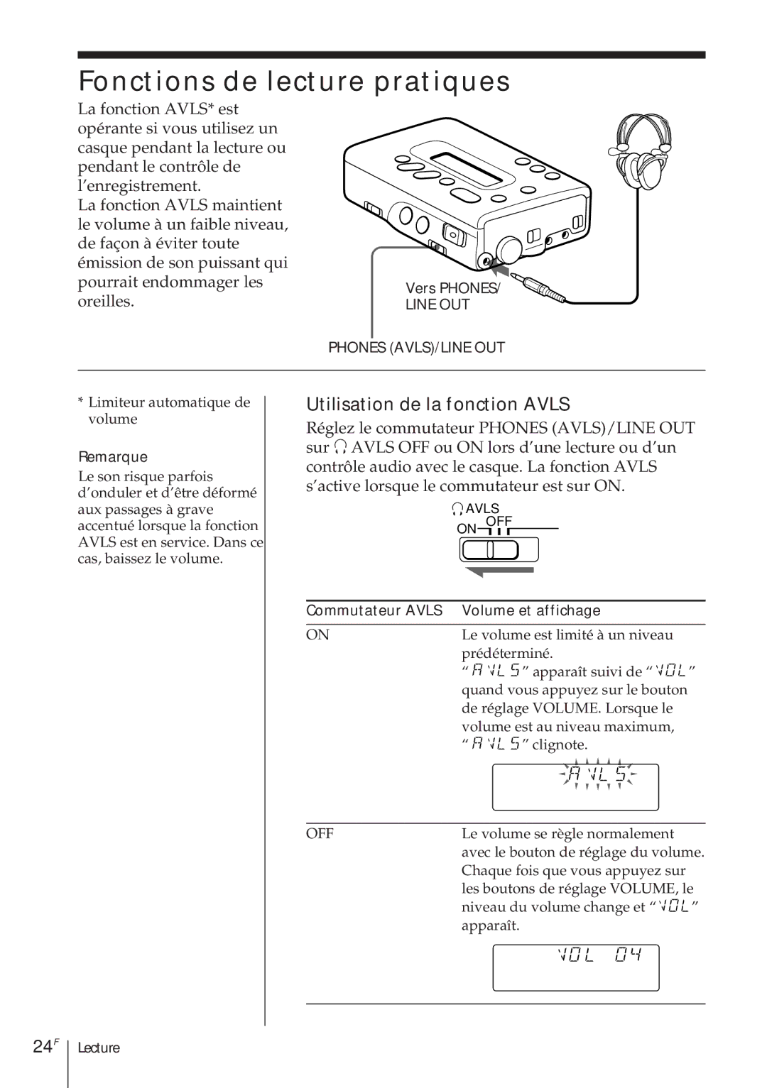 Sony TCD-D8 Fonctions de lecture pratiques, Utilisation de la fonction Avls, 24F, Vers PHONES/ Line OUT 