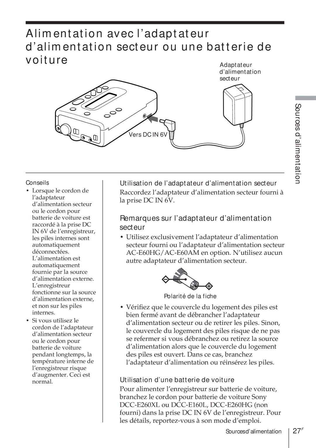 Sony TCD-D8 Remarques sur l’adaptateur d’alimentation secteur, 27F, Utilisation de l’adaptateur d’alimentation secteur 