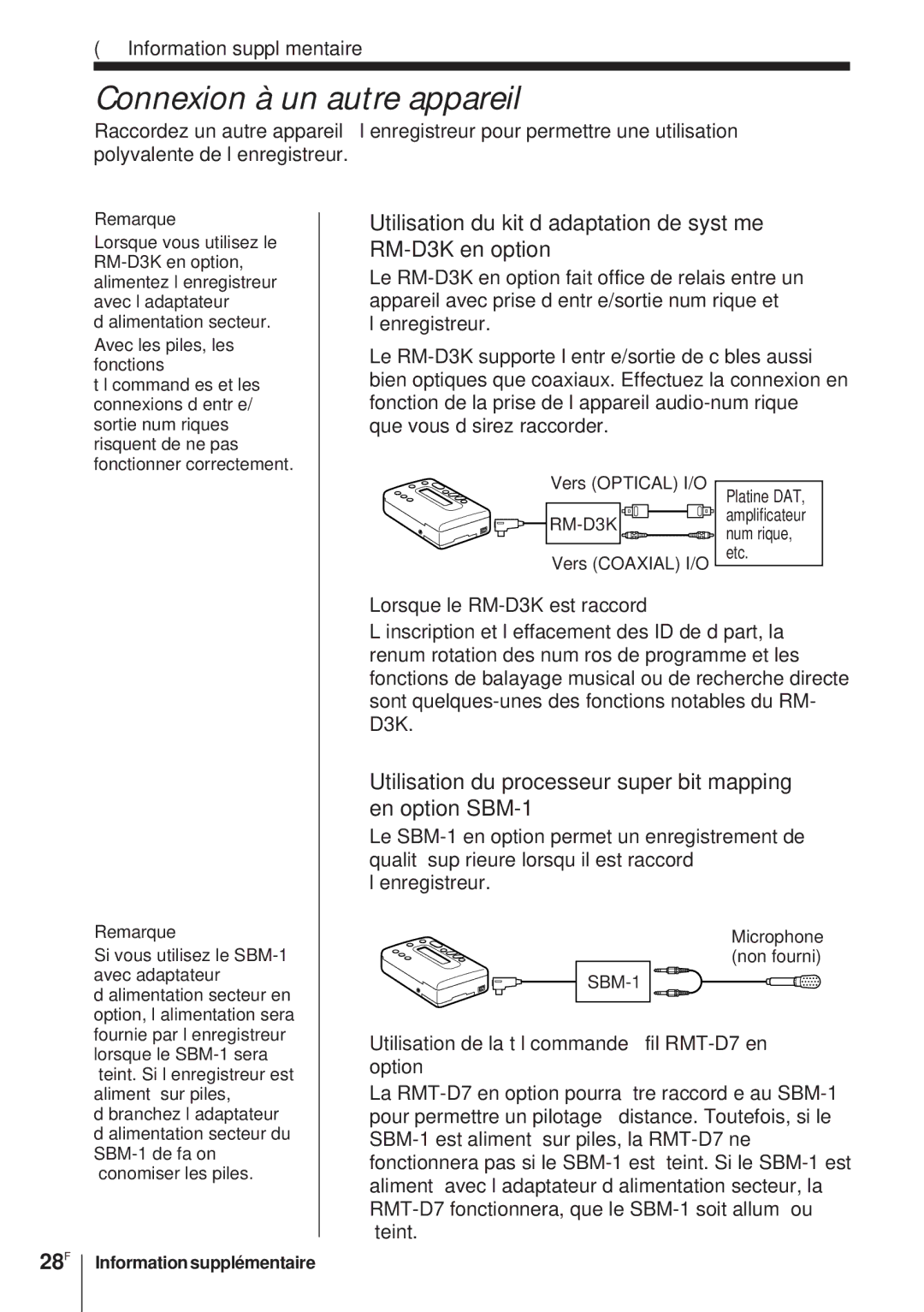 Sony TCD-D8 Connexion à un autre appareil, Utilisation du kit d’adaptation de système RM-D3K en option, 28F 