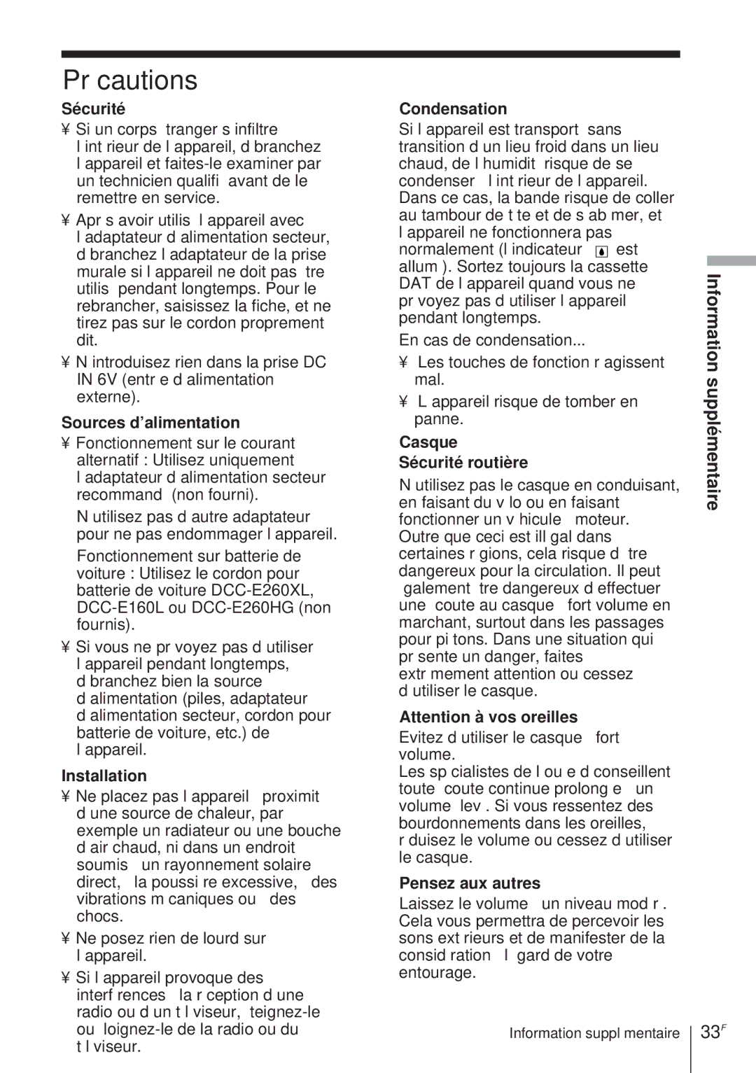 Sony TCD-D8 operating instructions Précautions 