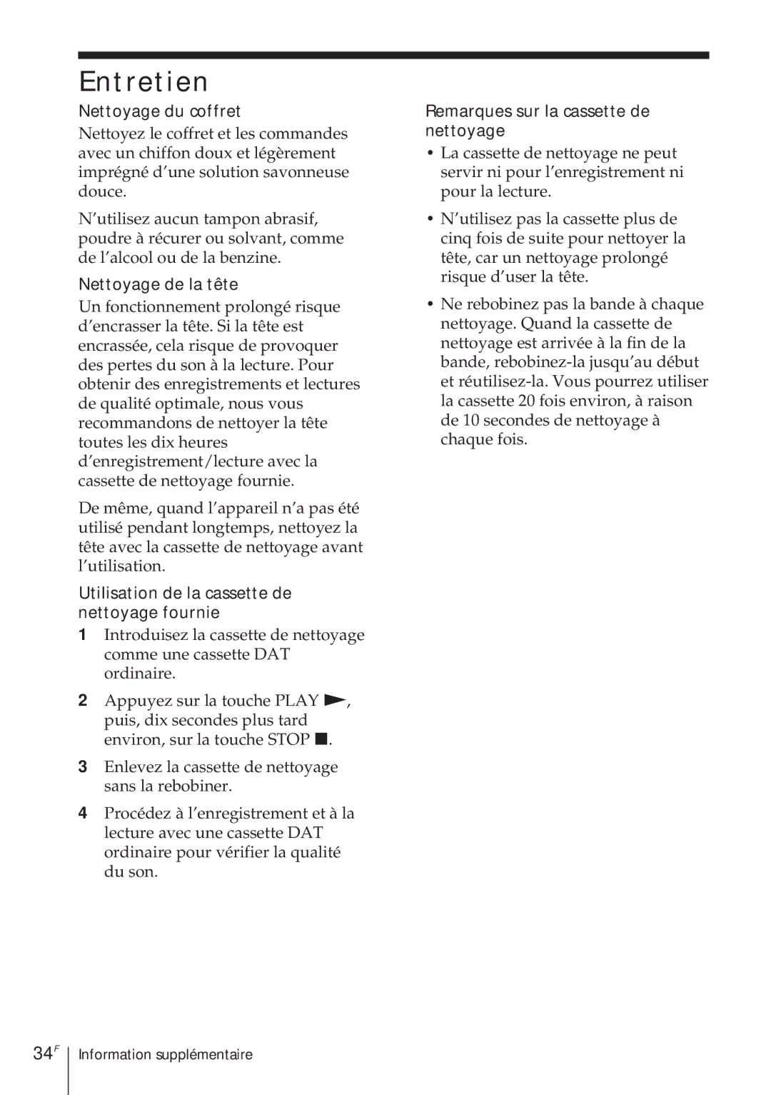 Sony TCD-D8 operating instructions Entretien, 34F 