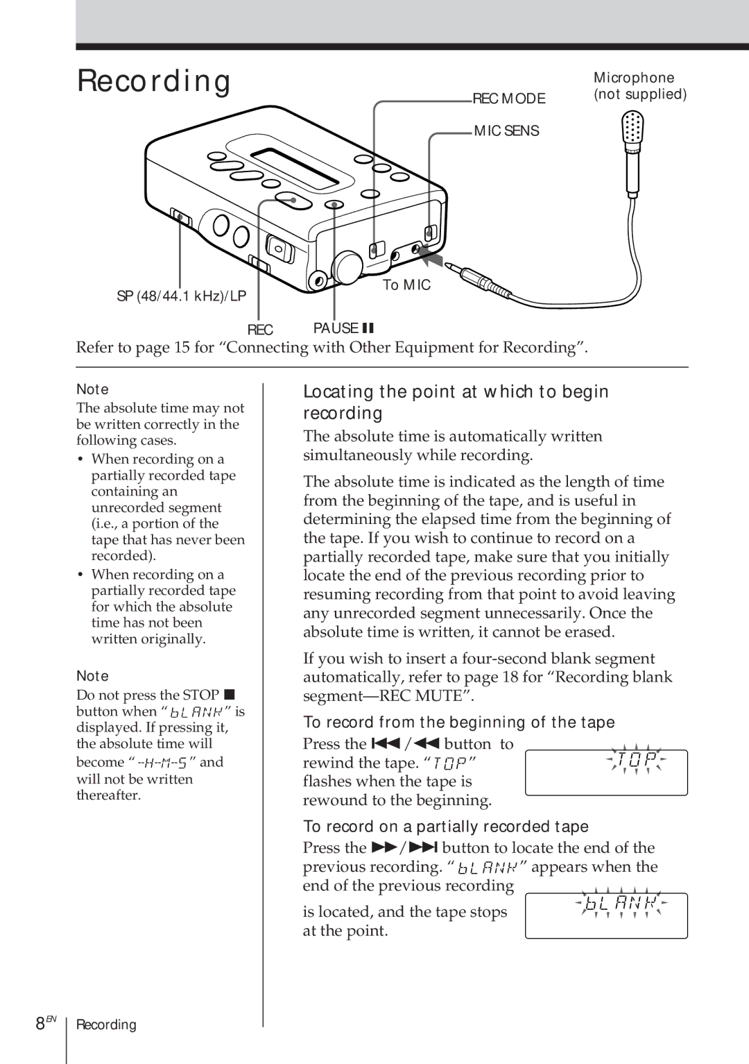 Sony TCD-D8 Recording, Locating the point at which to begin recording, To record from the beginning of the tape 