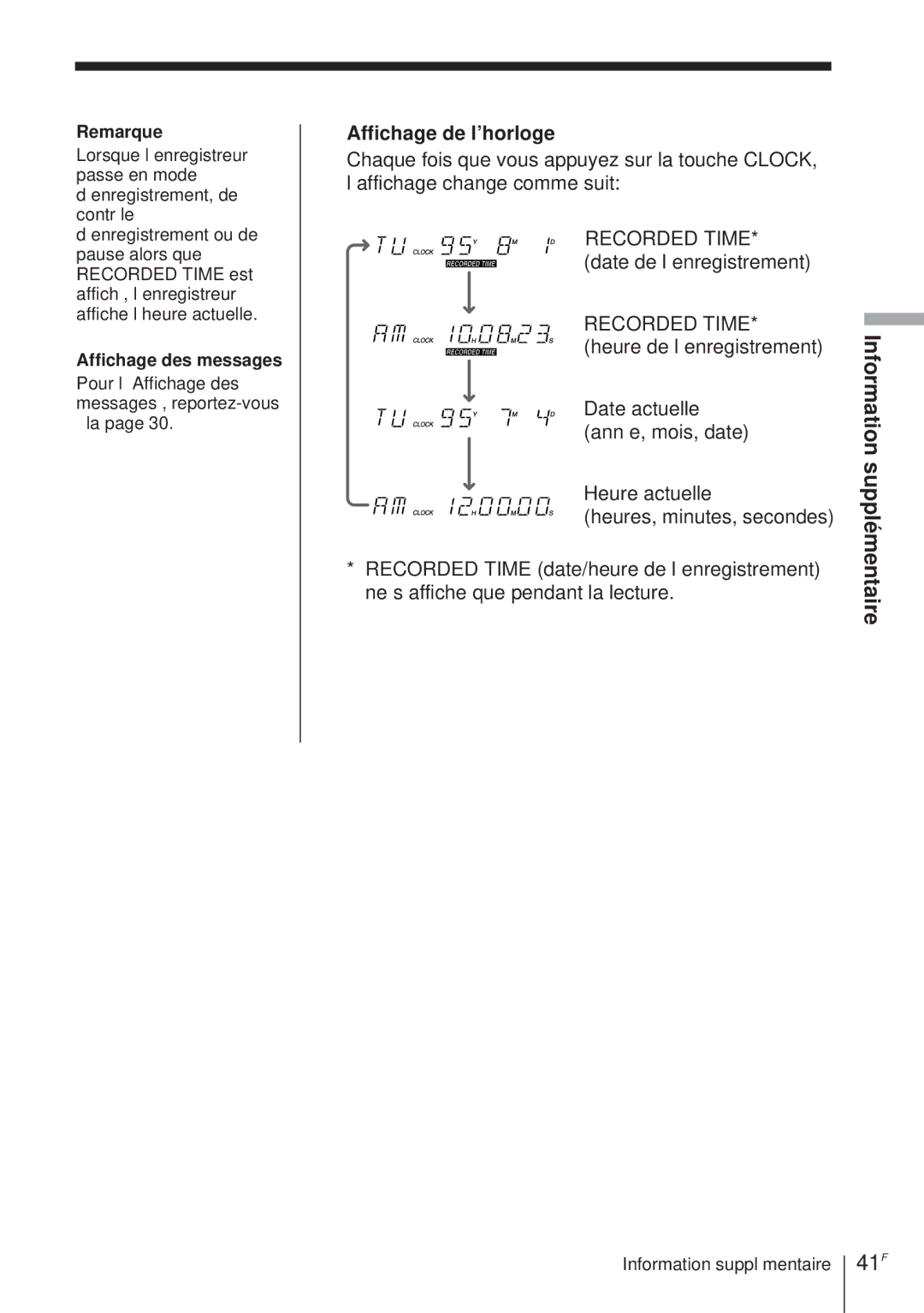 Sony TCD-D8 operating instructions 41F, Affichage de l’horloge, Affichage des messages 