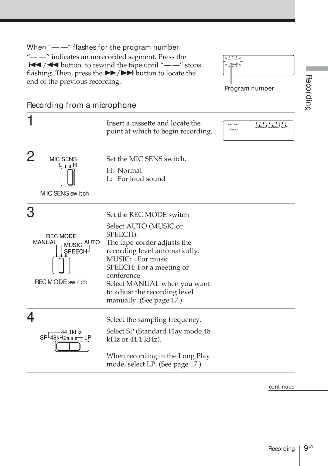 Sony TCD-D8 Recording from a microphone, When - flashes for the program number, Program number, REC Mode switch 