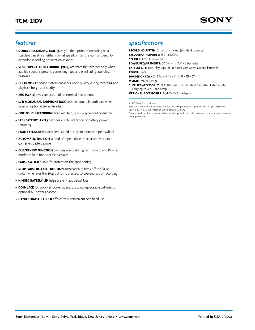 Sony TCM-21DV manual Features, Specifications 