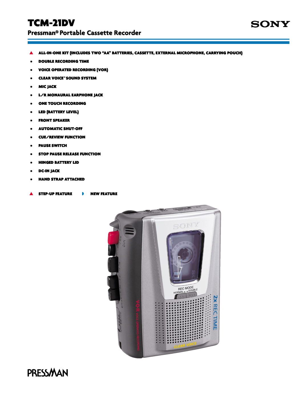 Sony TCM-21DV manual Pressman Portable Cassette Recorder 