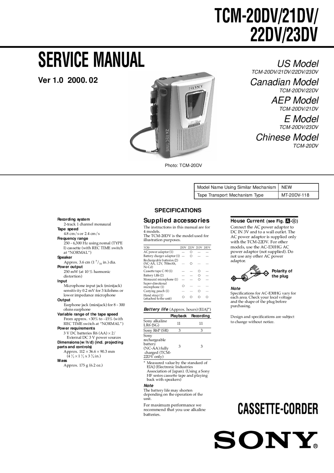 Sony TCM-20DV, TCM-22DV, TCM-21DV service manual Specifications, New 