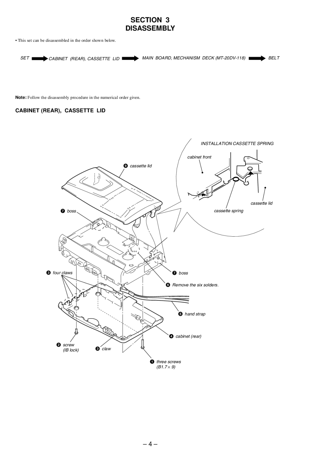 Sony TCM-20DV, TCM-22DV, TCM-21DV service manual Section Disassembly, Cabinet REAR, Cassette LID 