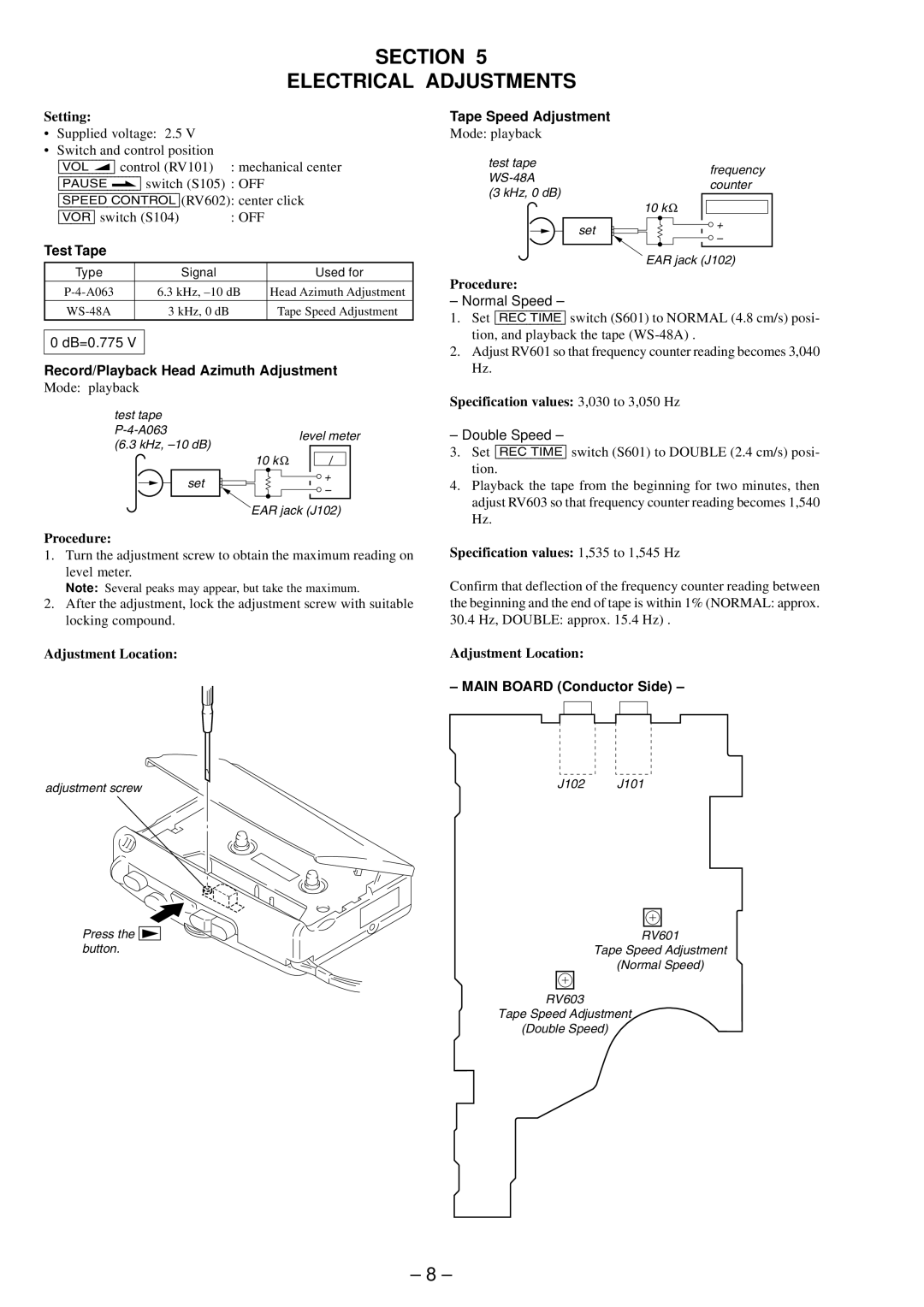 Sony TCM-21DV Section Electrical Adjustments, Tape Speed Adjustment, Test Tape, Record/Playback Head Azimuth Adjustment 