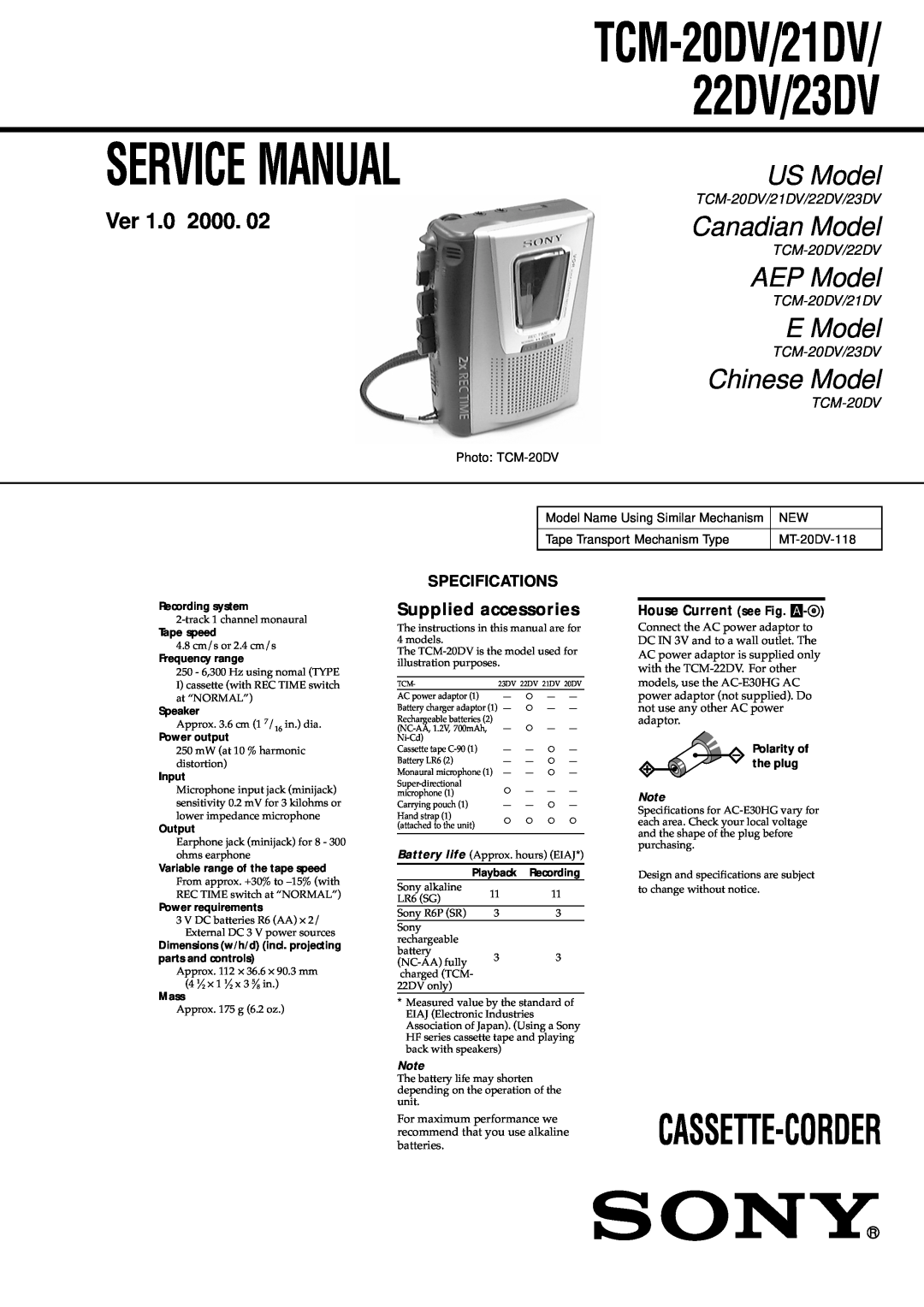 Sony service manual Supplied accessories, Service Manual, TCM-20DV/21DV/ 22DV/23DV, US Model, Canadian Model, AEP Model 