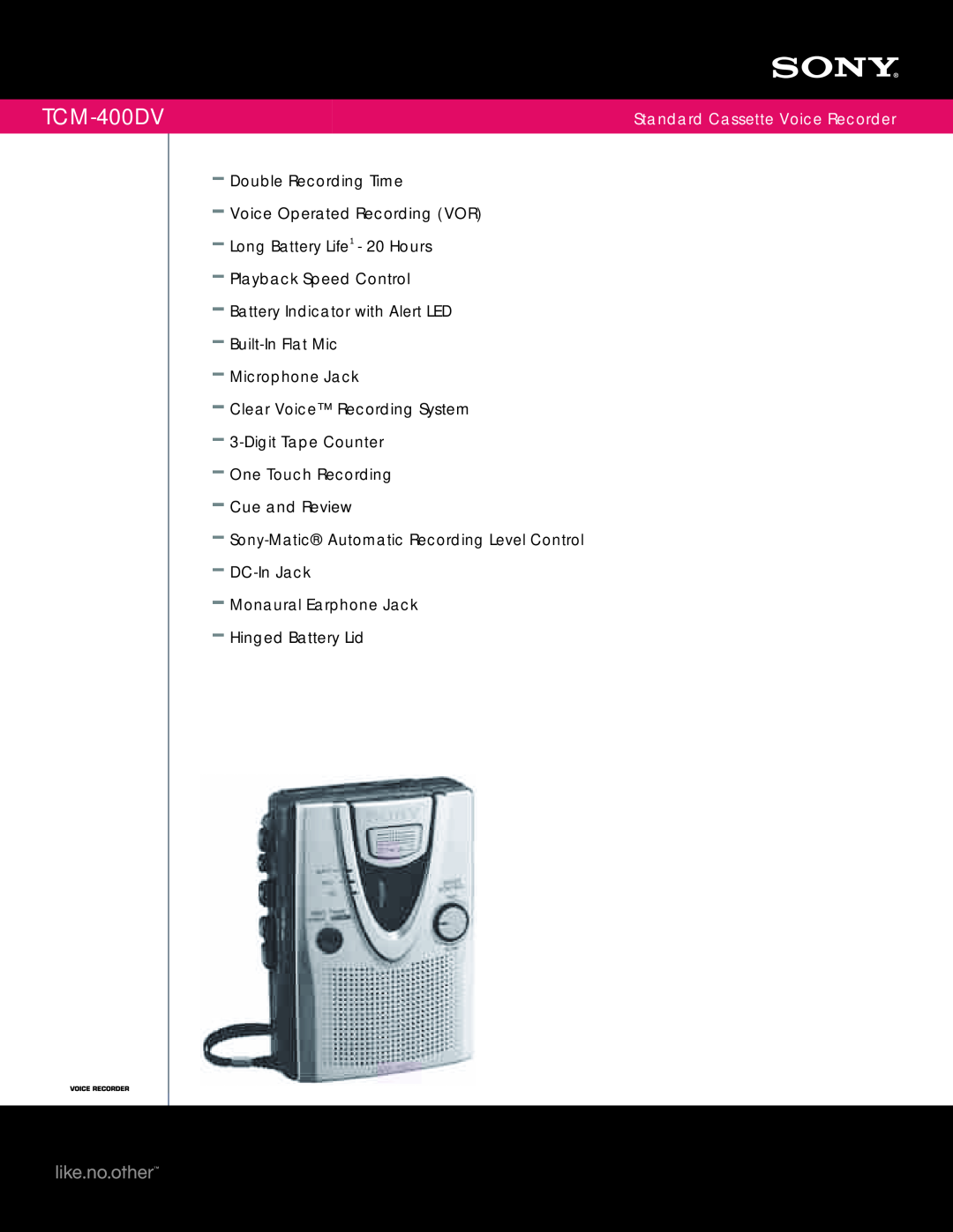 Sony TCM-400DV manual Standard Cassette Voice Recorder 