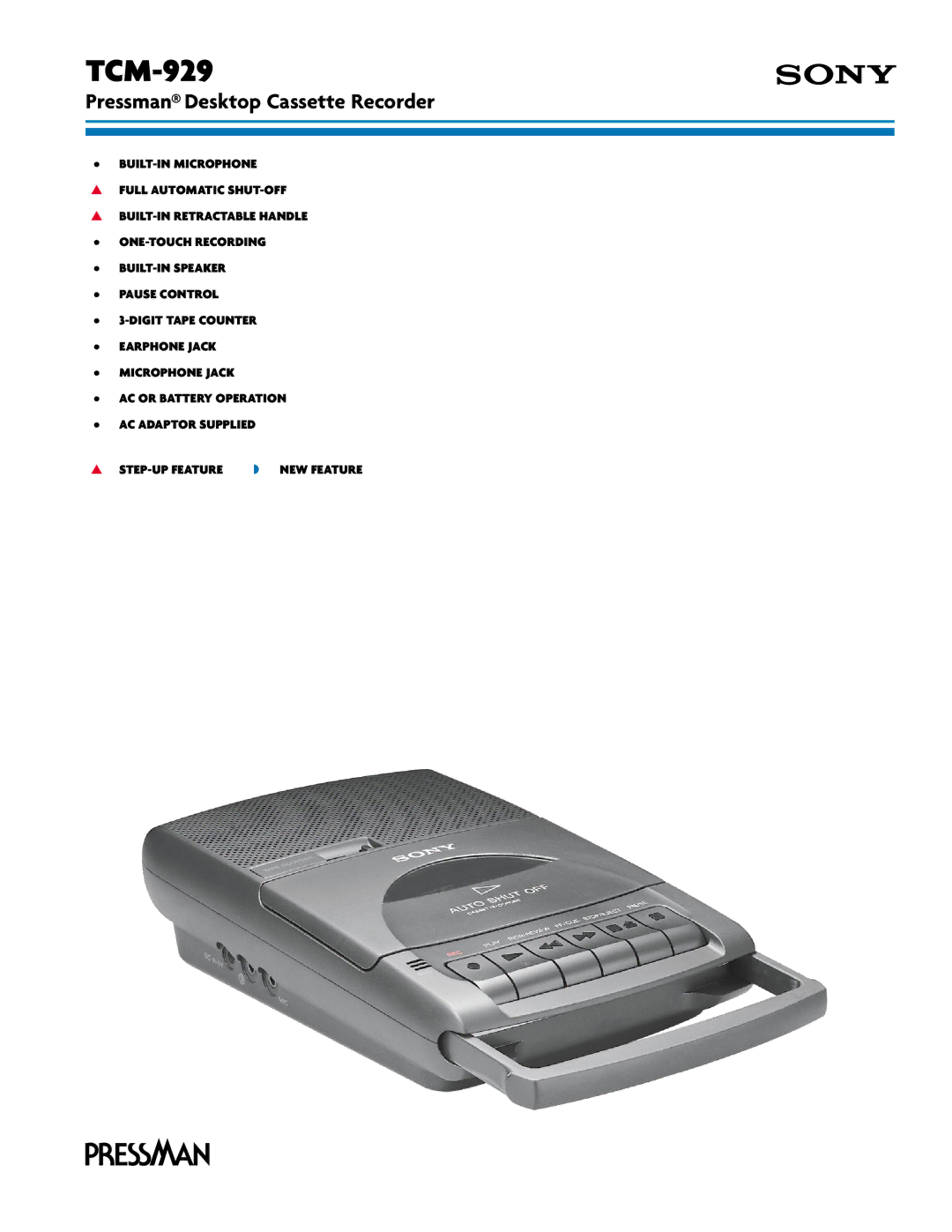 Sony TCM-929 manual Pressman Desktop Cassette Recorder 