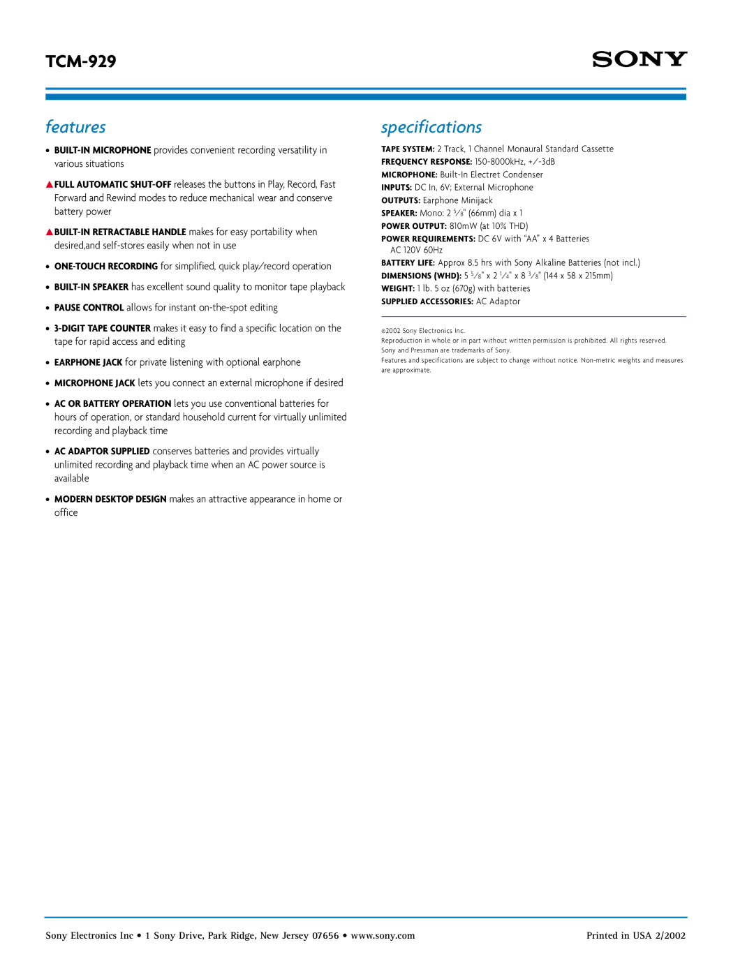 Sony TCM-929 manual Features, Specifications 