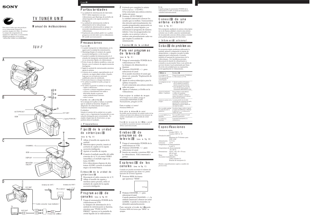 Sony TGV-7 Particularidades, Precauciones, Para ver programas de televisi溶, Conexi溶 de una antena exterior, Programaci溶 de 