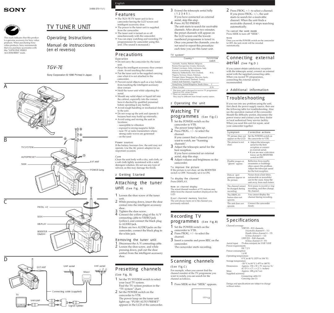 Sony TGV-7E operation manual Features, Precautions, Connecting external, Attaching the tuner, Presetting channels 