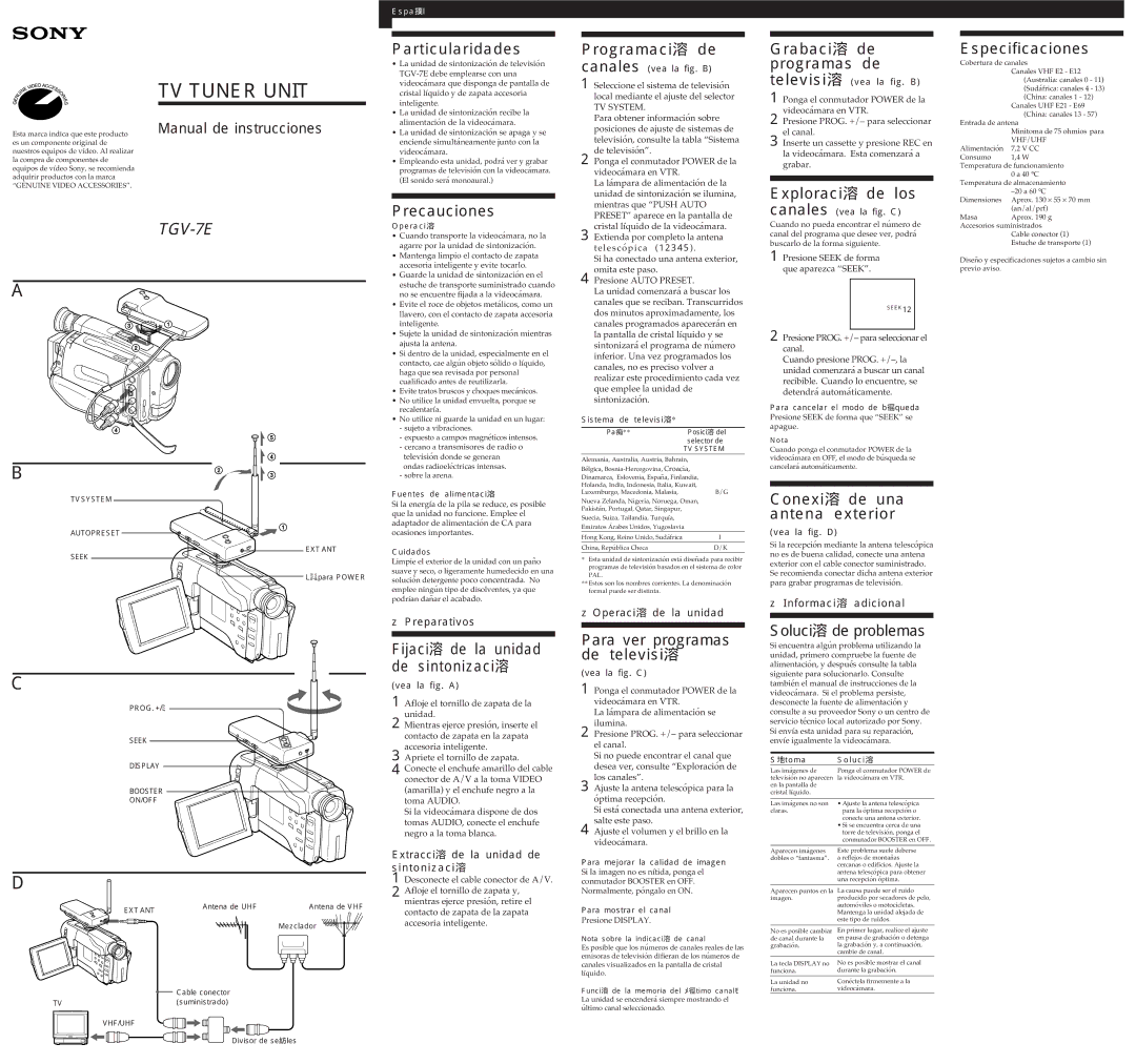 Sony TGV-7E Particularidades, Precauciones, Programaci溶 de, Grabaci溶 de programas de, Exploraci溶 de los, Especificaciones 