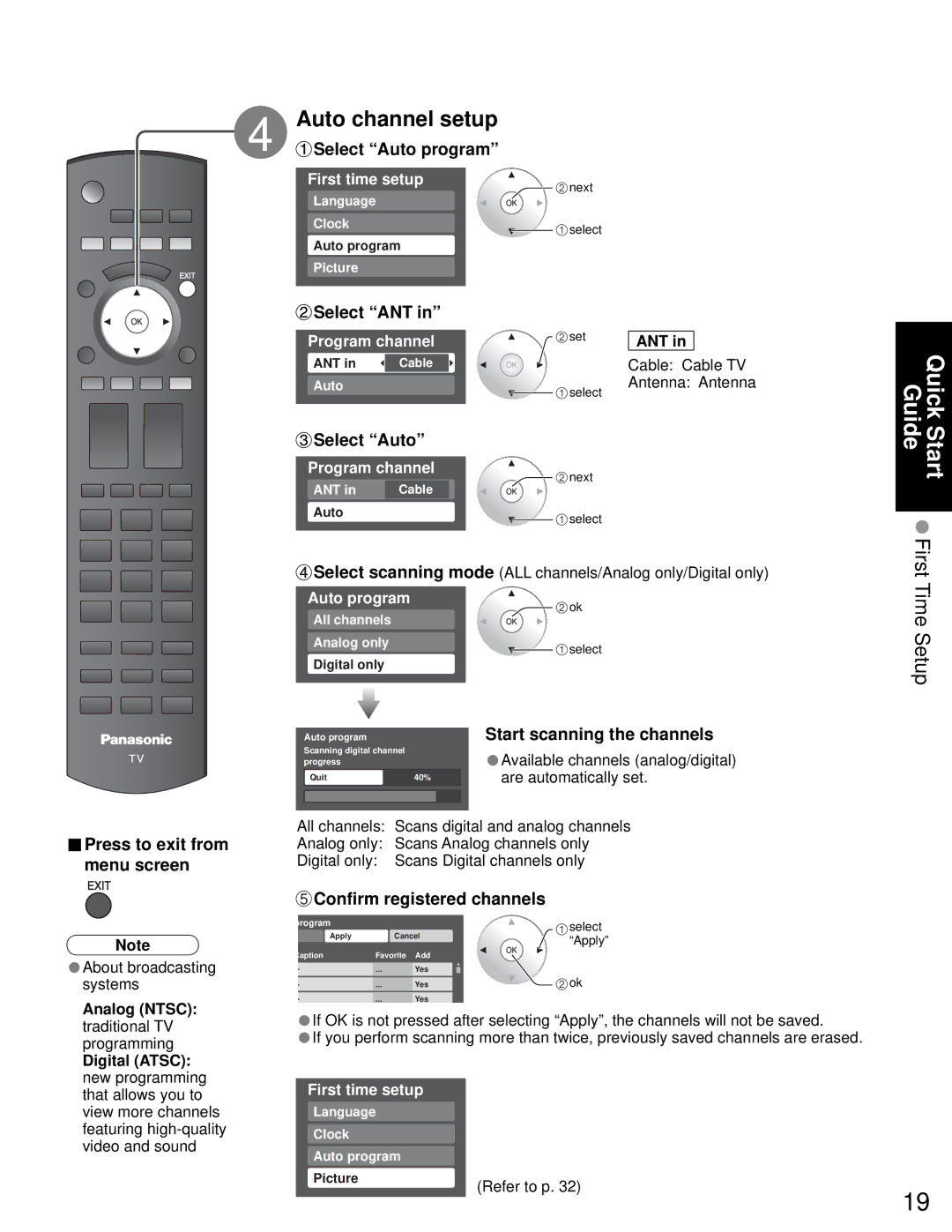 Sony TH-50PZ750U quick start Press to exit from menu screen, Confirm registered channels 