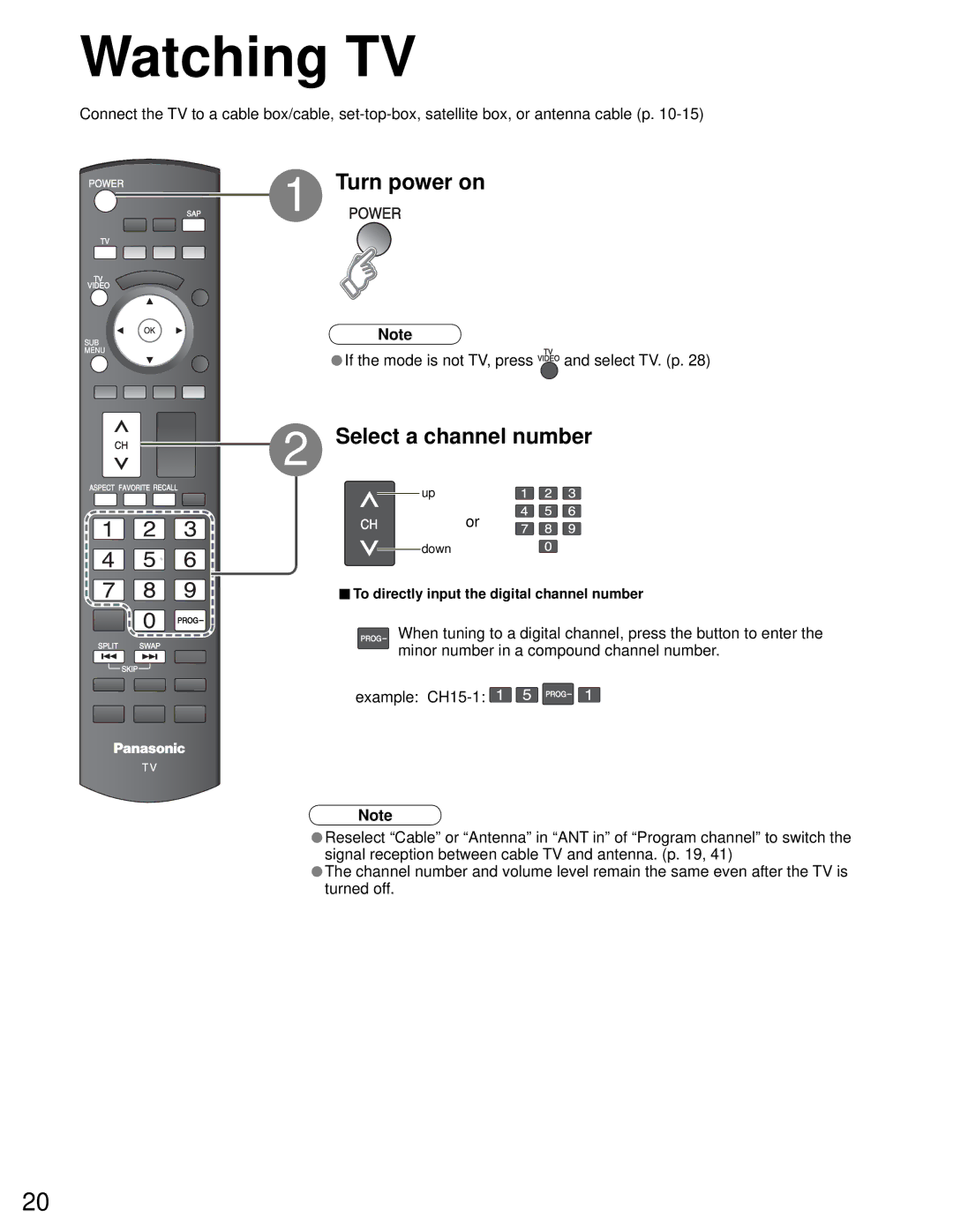 Sony TH-50PZ750U quick start Watching TV, Turn power on, Select a channel number 