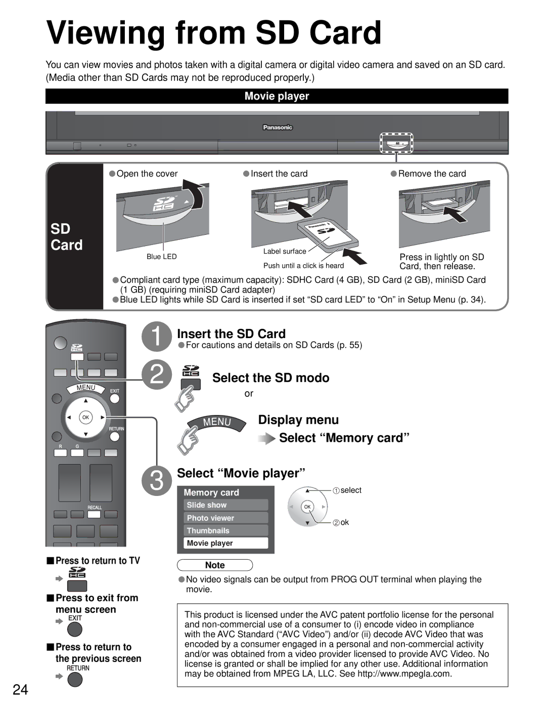 Sony TH-50PZ750U Press to return to TV Press to exit from menu screen, Press to return to the previous screen, Memory card 