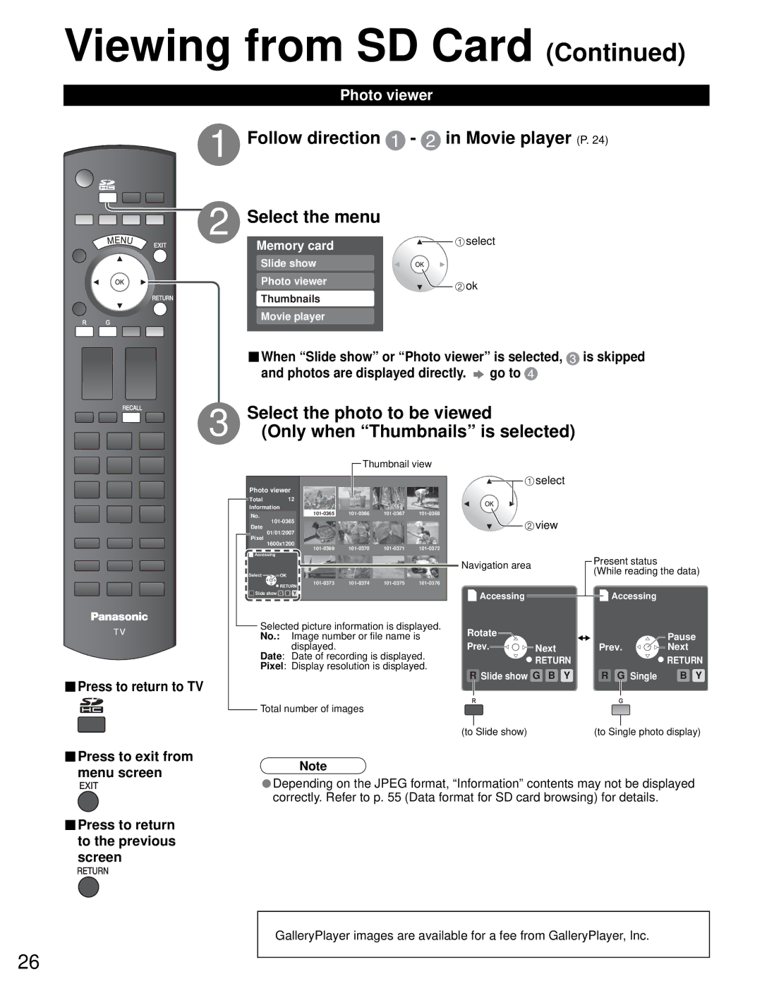 Sony TH-50PZ750U Viewing from SD Card, Follow direction in Movie player P Select the menu, Select the photo to be viewed 