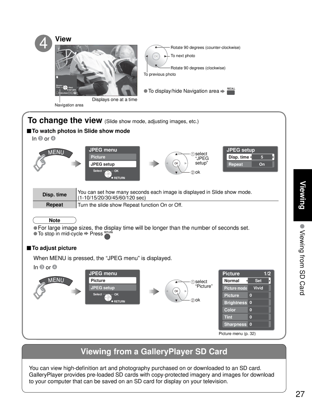 Sony TH-50PZ750U quick start To watch photos in Slide show mode, To adjust picture, Jpeg setup, Jpeg menu Picture 