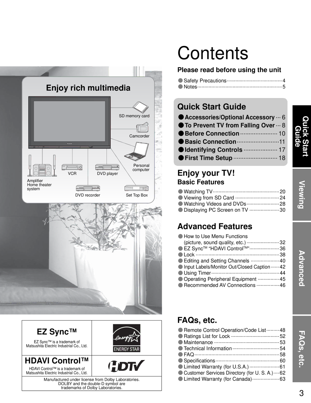 Sony TH-50PZ750U quick start Contents 