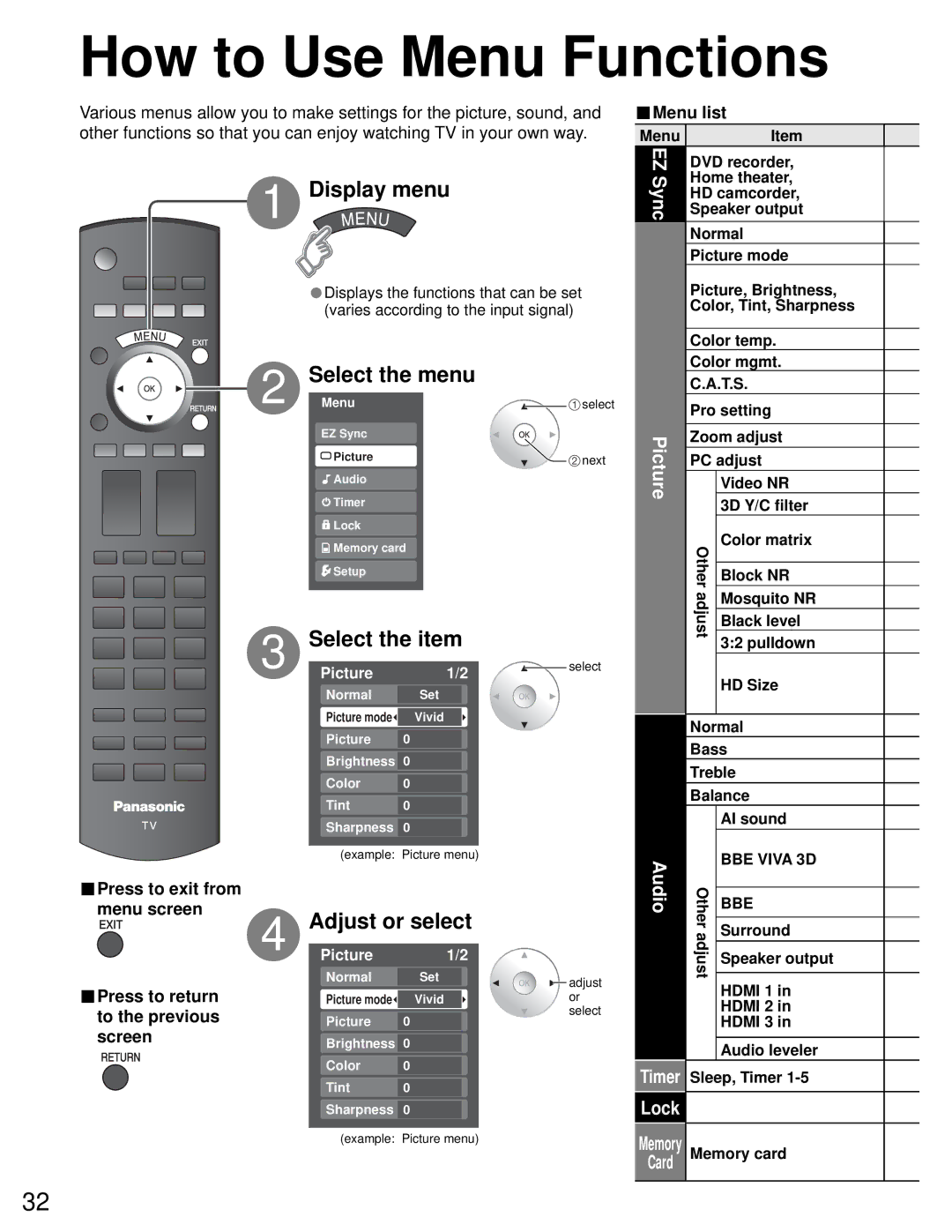 Sony TH-50PZ750U quick start How to Use Menu Functions, Sync, Lock, Press to exit from, Menu list 