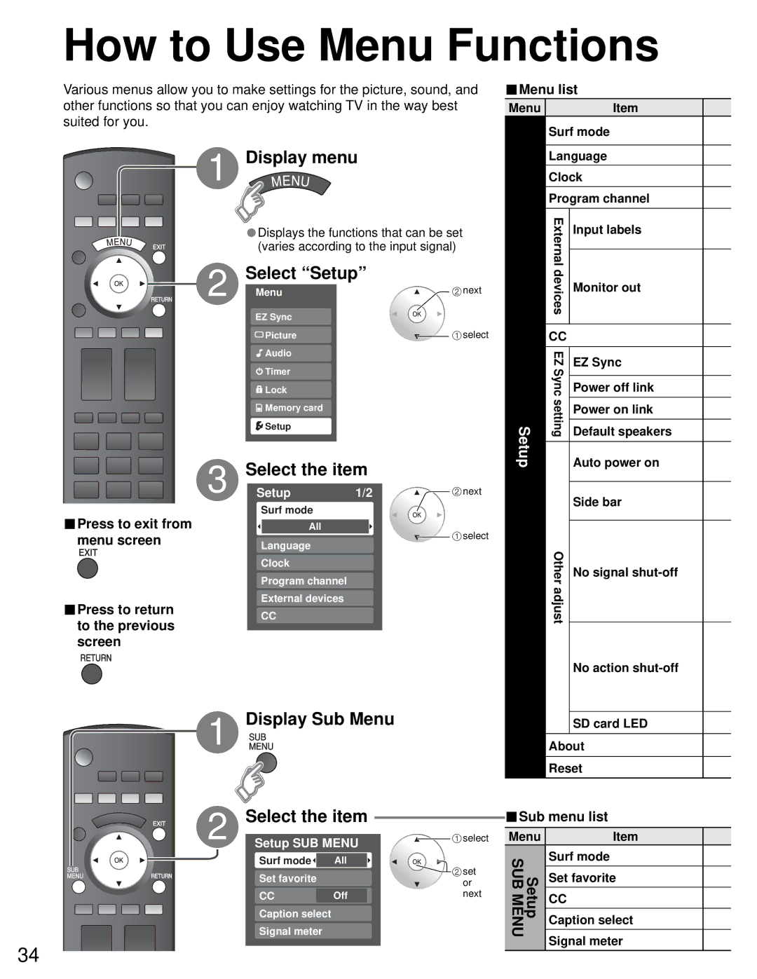 Sony TH-50PZ750U quick start Select Setup, Display Sub Menu, Select the item, Sub menu list 