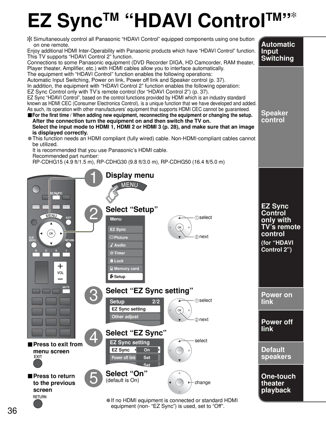 Sony TH-50PZ750U quick start EZ SyncTM Hdavi ControlTM, Select EZ Sync setting, Select On 