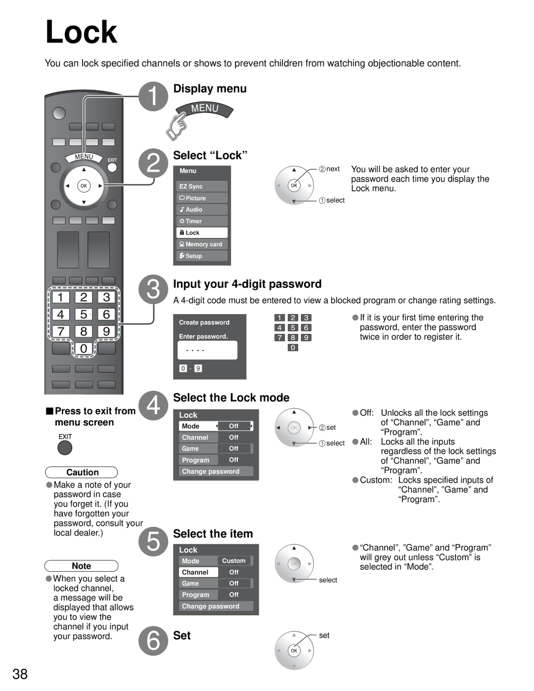 Sony TH-50PZ750U quick start Lock, Press to exit from 4 menu screen 